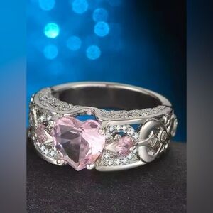 Valentine's Day Pink Heart Ring Vintage Style Cupid Love‎ Gift Silvertone Sz 10